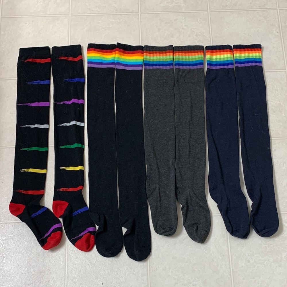 🌷3 for$25🌷Unbranded, SZ 5-10, Black Grey & Navy Over The Knee Rainbow Socks